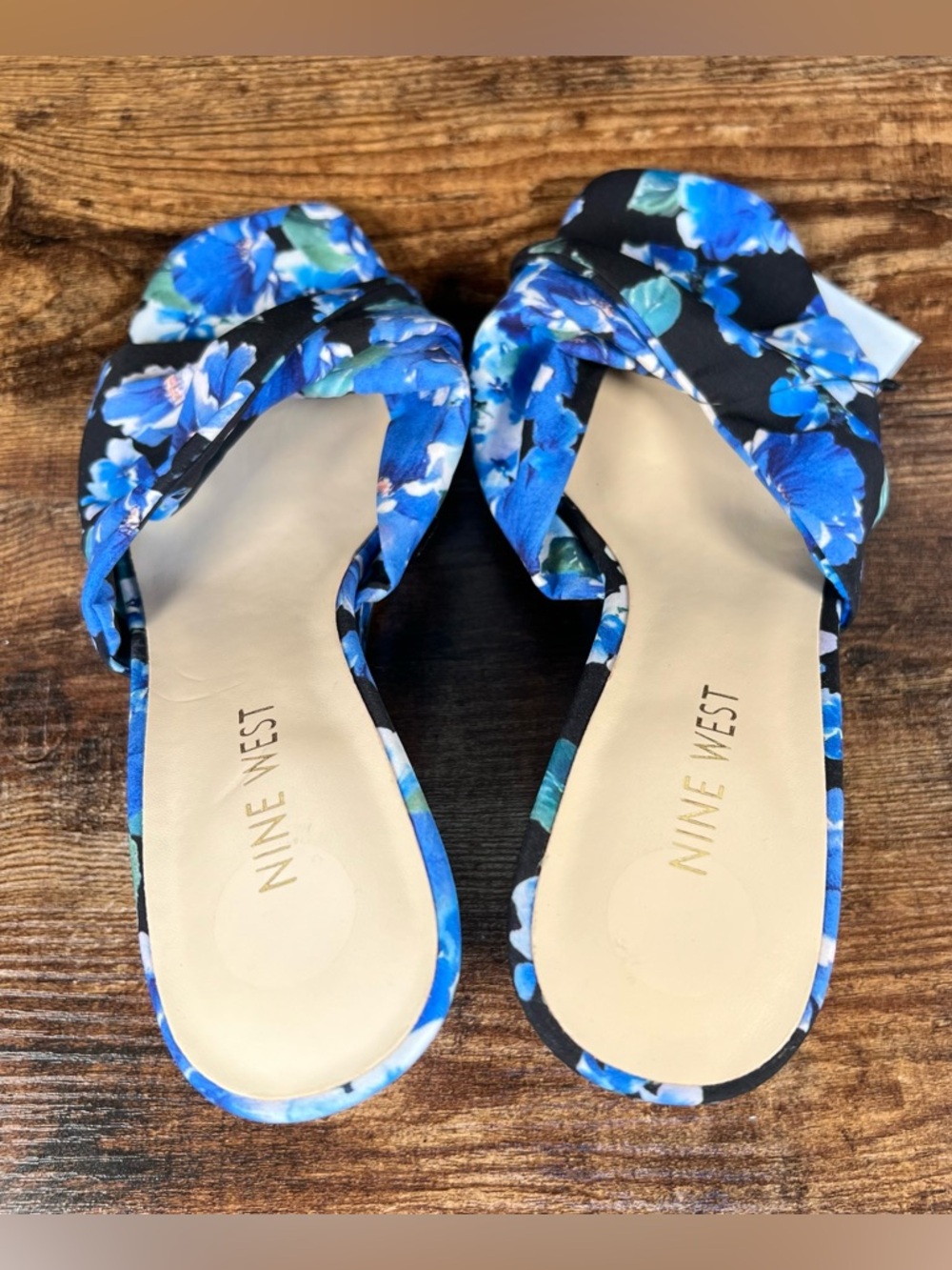 Nine West Sandals Blue Floral Wedge Heel Open Toe Slip On Nudia2 Women's 7 - Picture 5 of 10